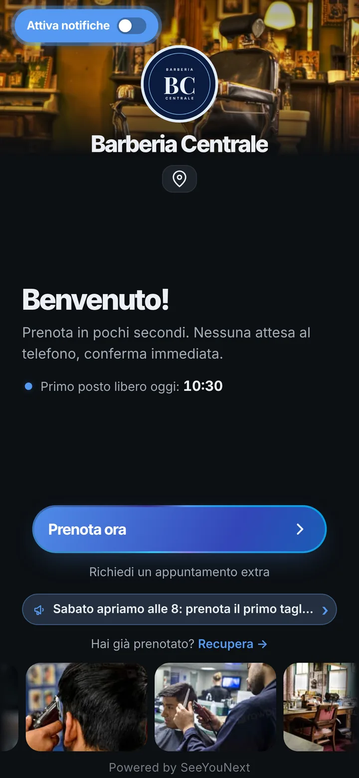 La pagina di prenotazione di Barberia Centrale, col suo logo e le sue foto, aperta dal telefono di un cliente