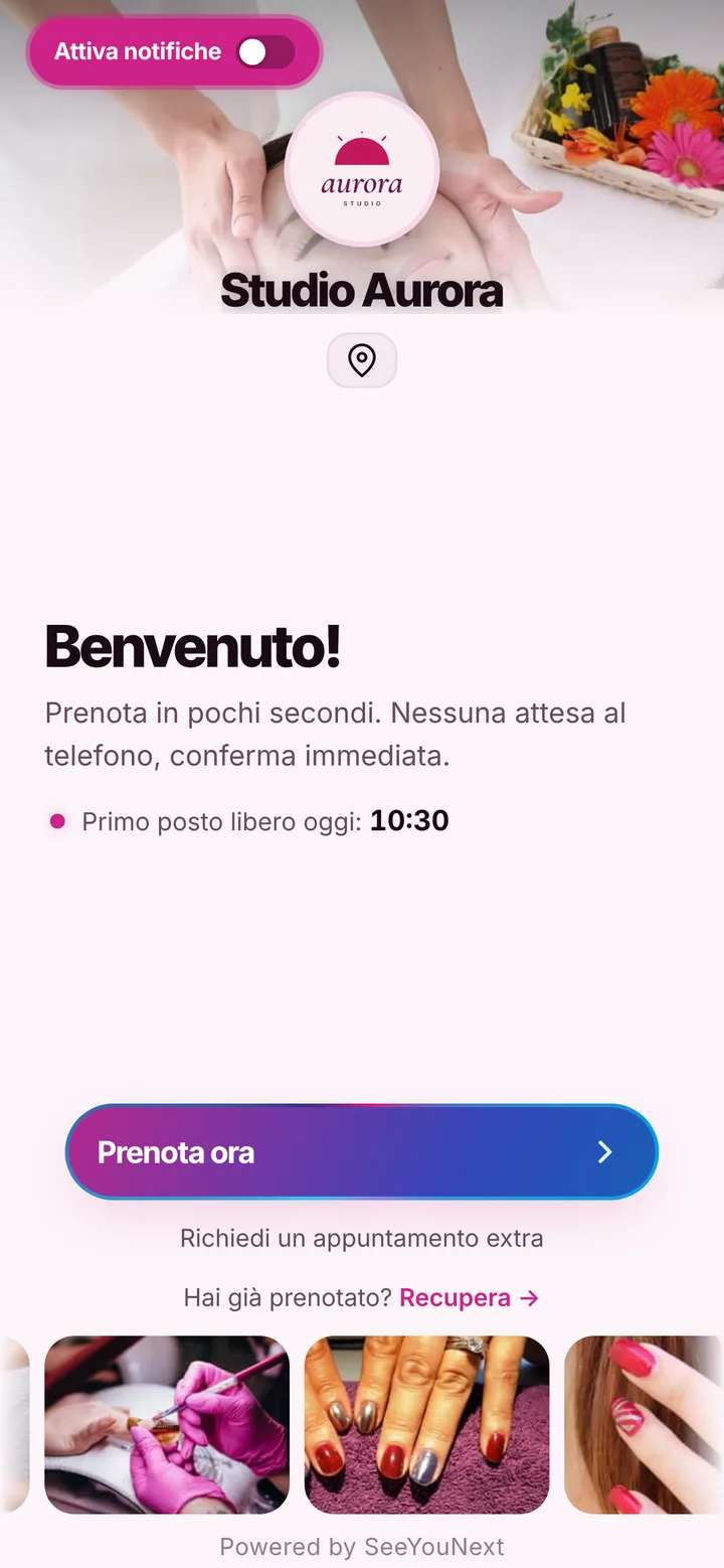 La stessa pagina di prenotazione con il tema Fucsia, chiaro