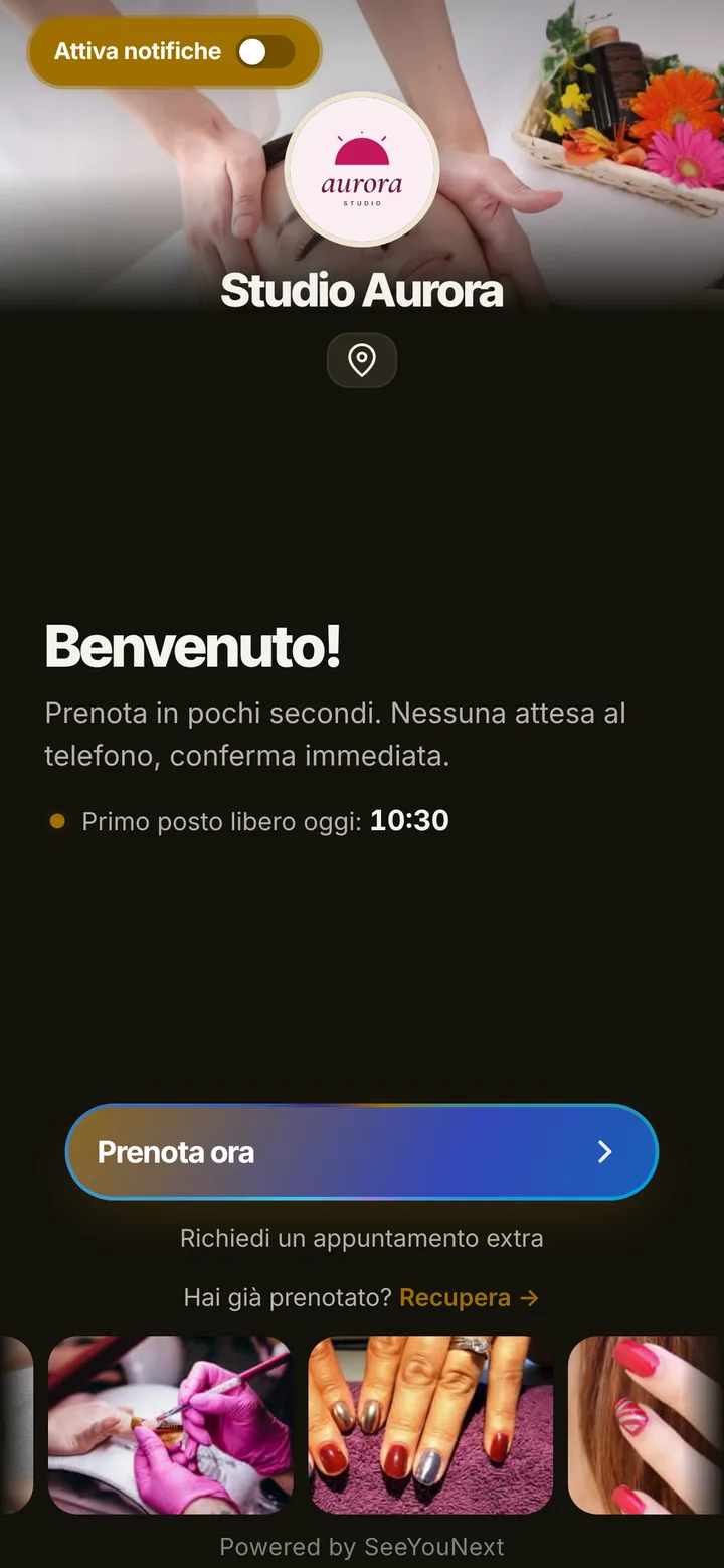 La stessa pagina di prenotazione con il tema Oro, scuro